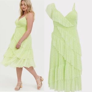 NWT Torrid Neon Yellow Mesh Floral Ruffle Midi Dress One Shoulder Floral White